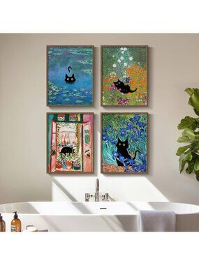 Cute Black Cat Wall Art Set, 4-Piece Canvas Prints for Bathroom & Home Decor